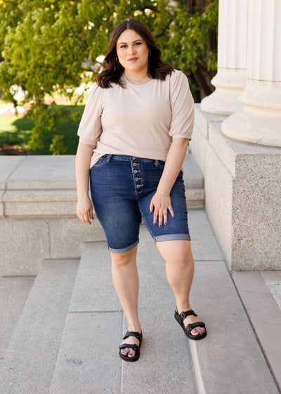 Button fly high rise bermuda shorts in curvy