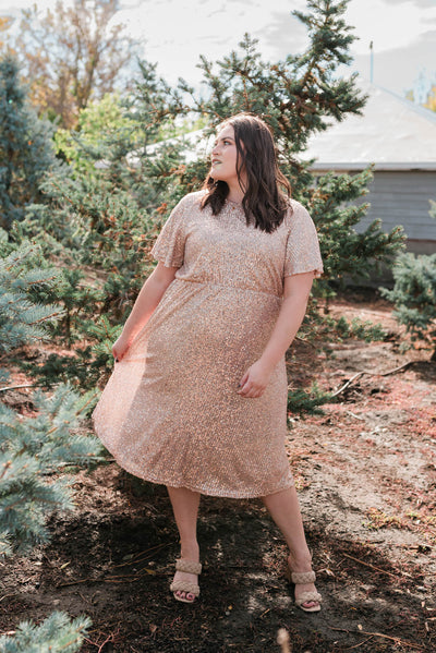 Elastic waist rose gold sequin dress