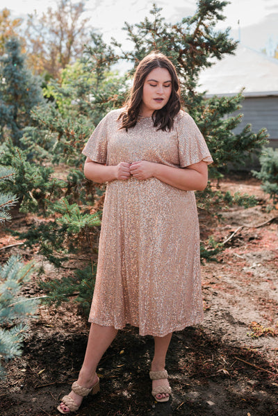 Below the knee plus size rose gold sequin dress