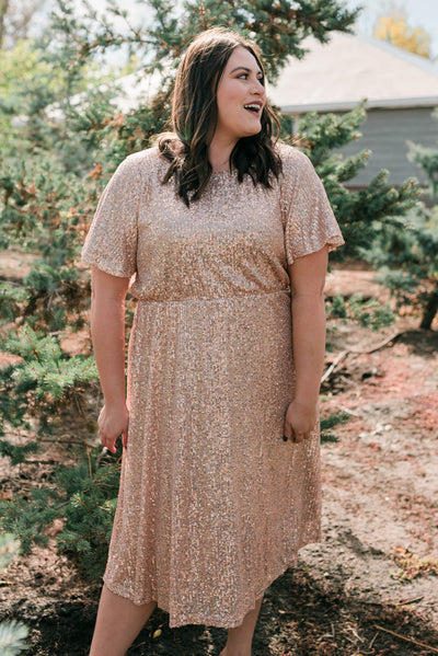 Short sleeve plus size rose gold sequin dress
