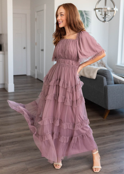 Dusty lavender maxi dress with ruffles on the tulle skirt