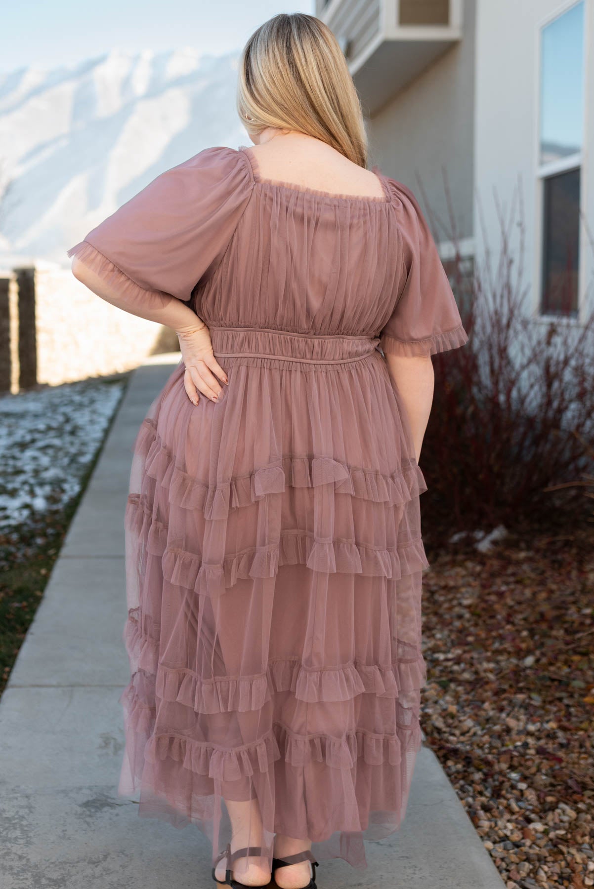 Back view of a plus size dusty lavender maxi dress