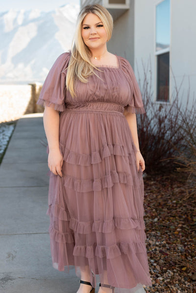 Plus size dusty lavender maxi dress with ruching on the bodice