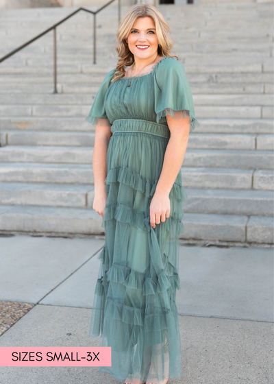 Dusty teal maxi dress with short sleeves