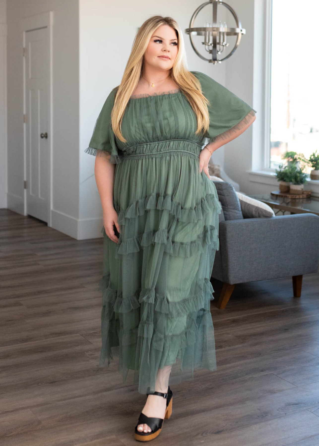 Tulle plus size dusty teal maxi dress