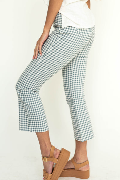 Ankle length checkered white and seafoam straight leg pants.