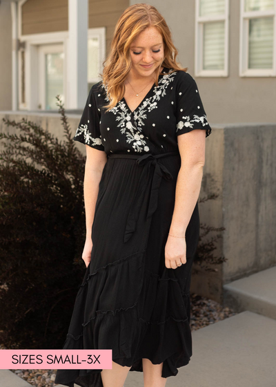 Short sleeve black floral dress with embroidery on the bodice