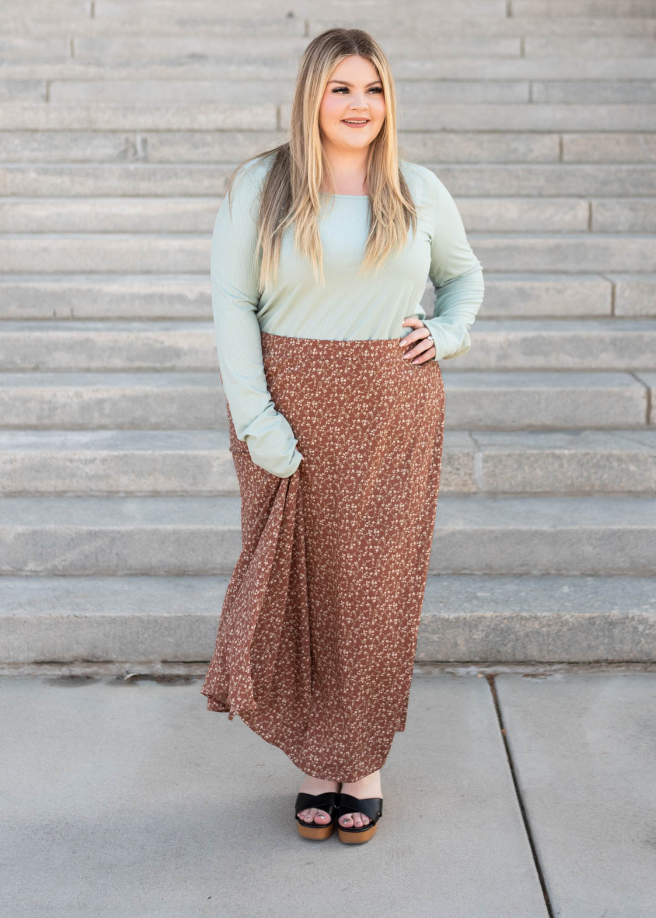 Long plus size chestnut floral skirt