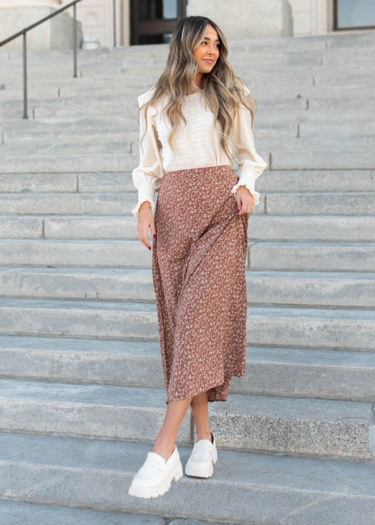 Long chestnut floral skirt