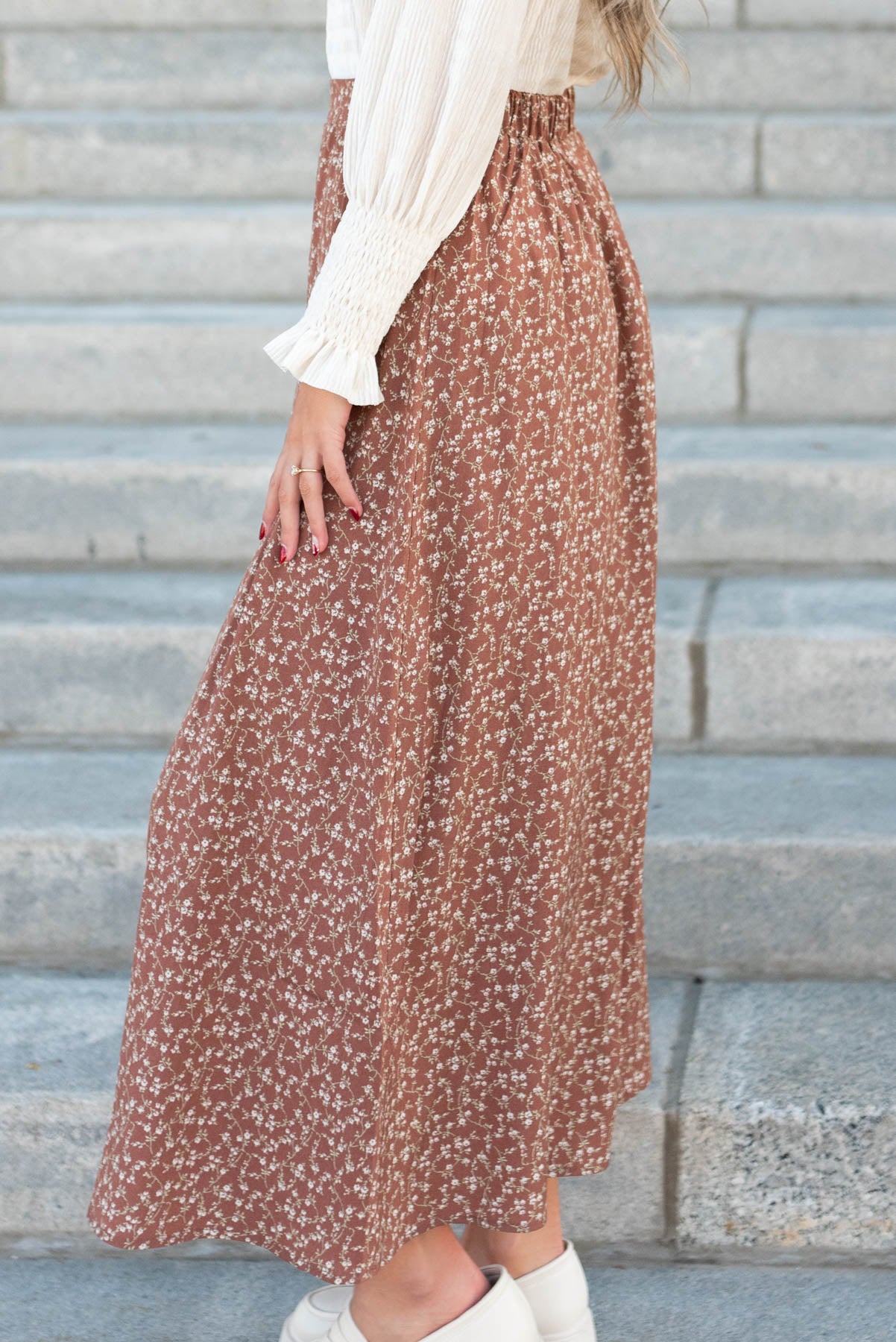 Side view of the chestnut floral skirt