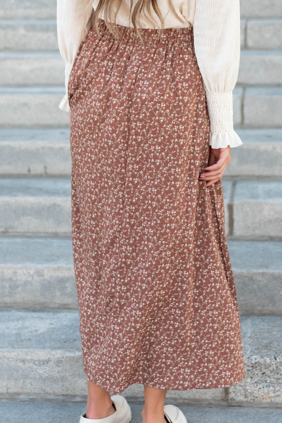 Back view of the chestnut floral skirt