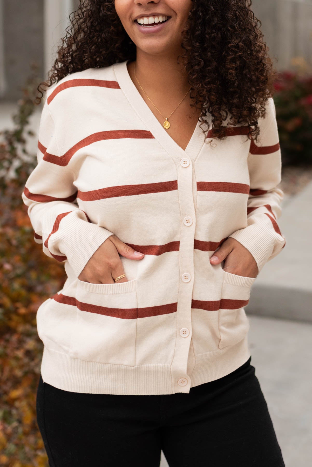 Long sleeve oat stripe cardigan with front pockets