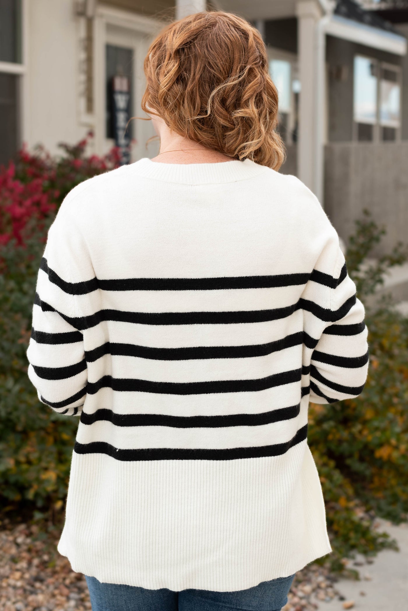 Back view of the striped sweater