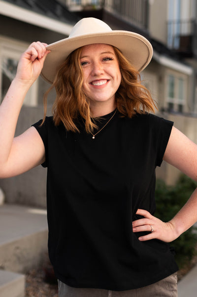 Medium black top with cap sleeves