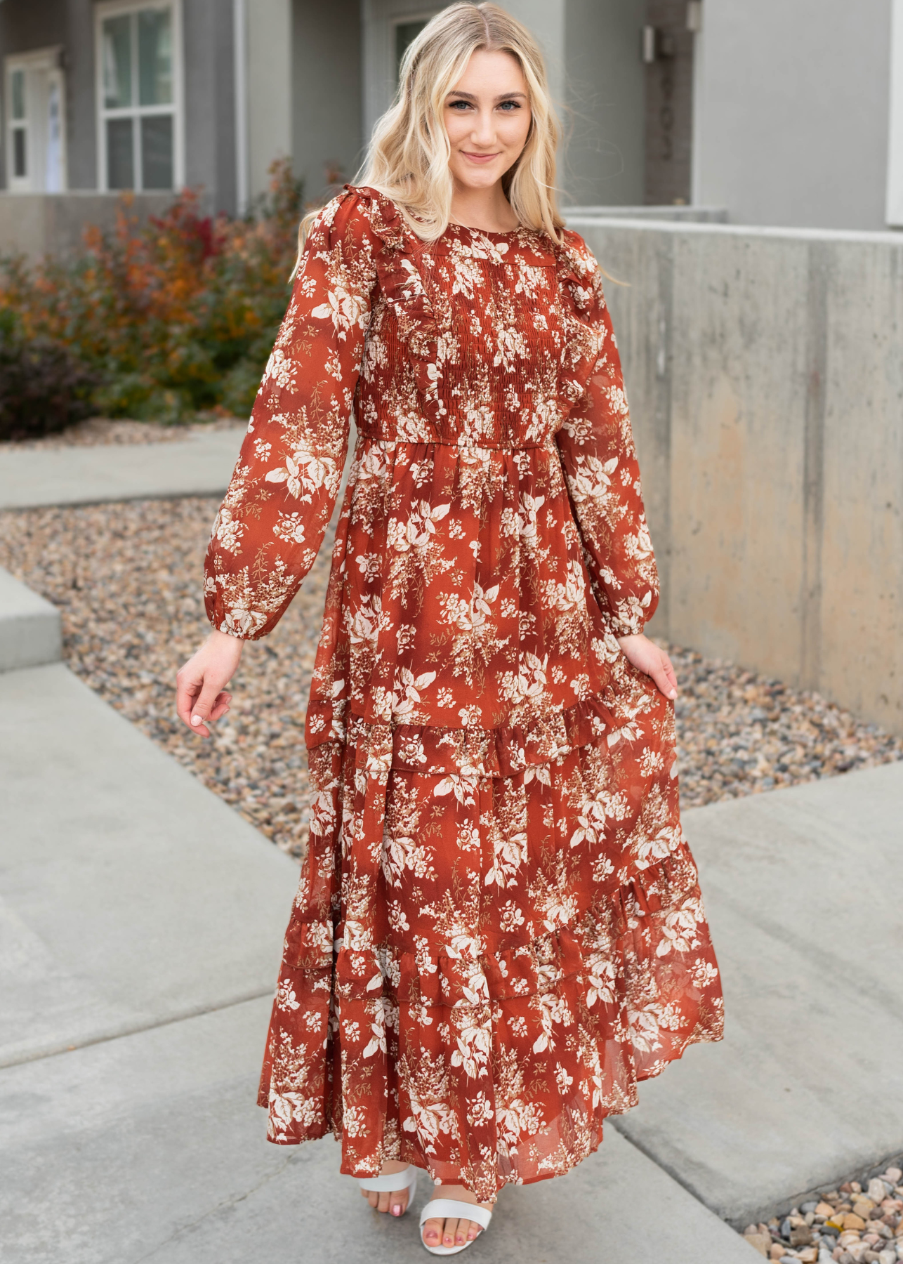 Rust floral maxi dress with tiered skirt