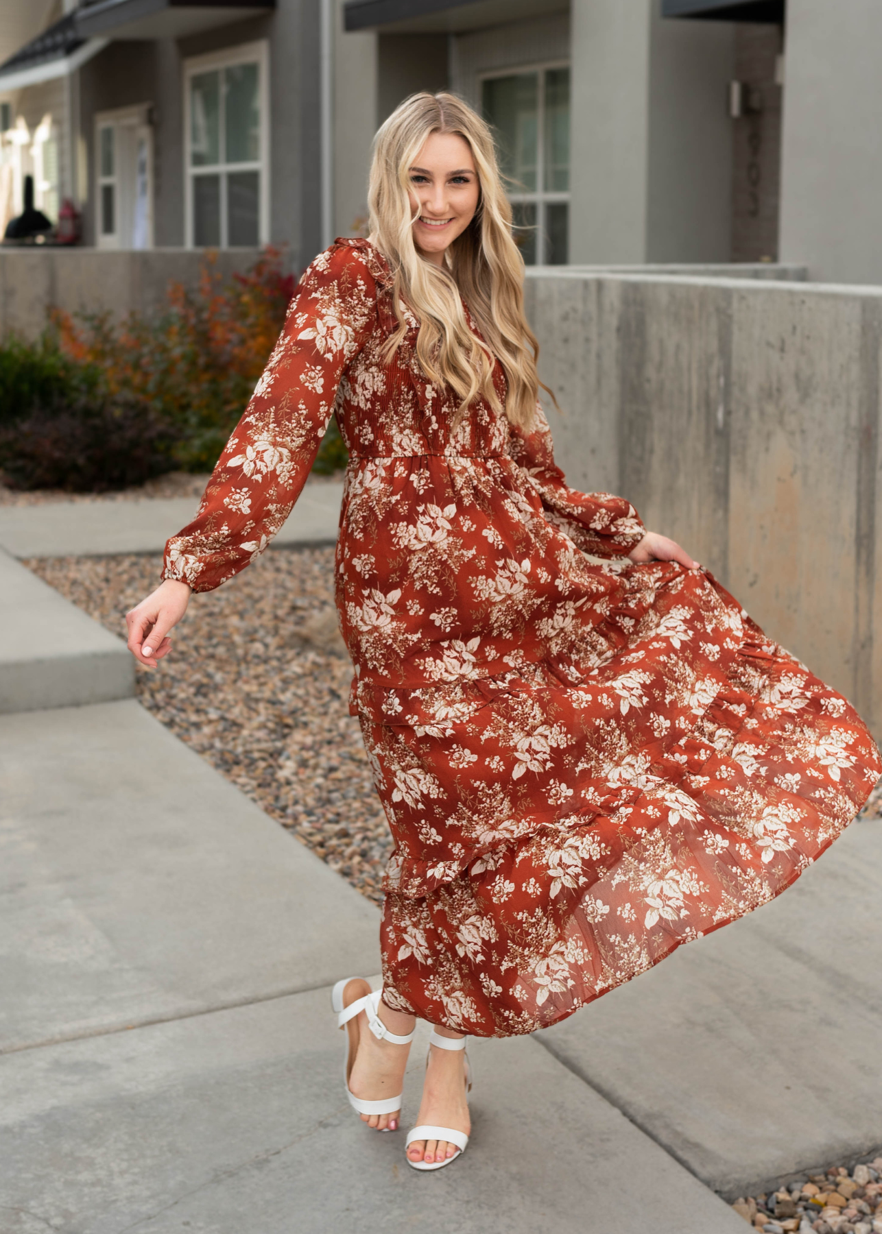 Long sleeve rust floral maxi dress