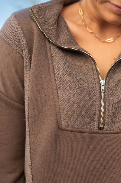 Zipper detail of a mocha pullover