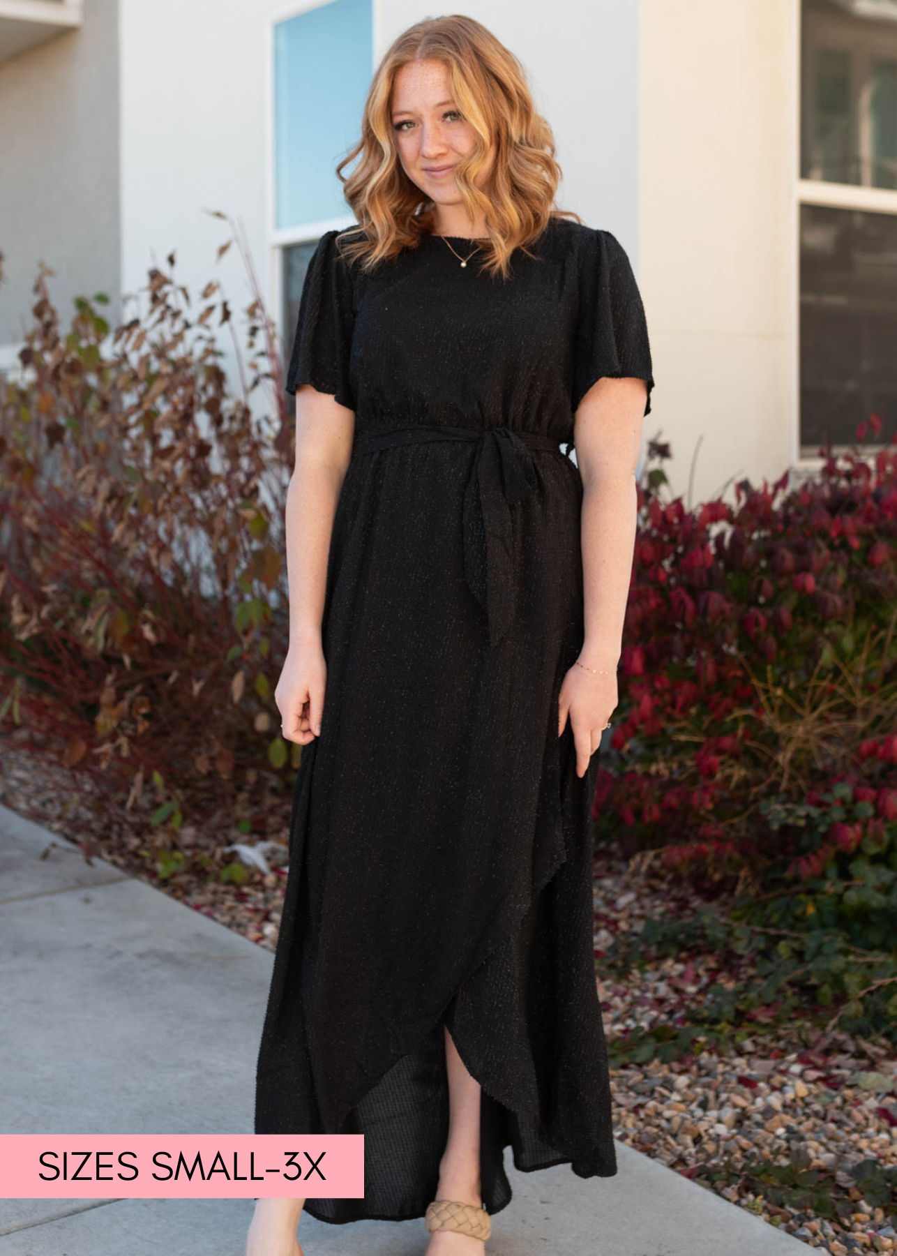 Black sparkle maxi wrap dress with short sleeves and ties at the waist