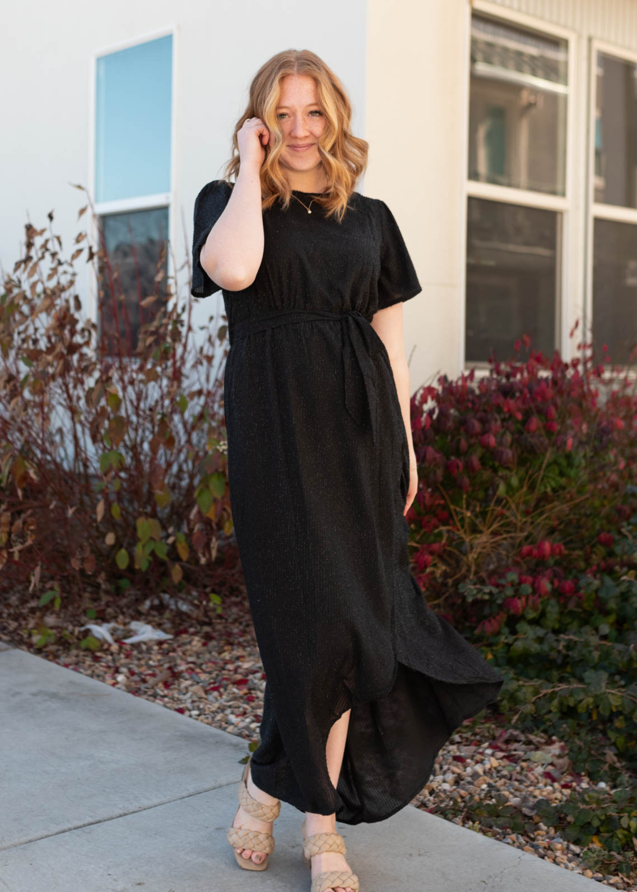 Short sleeve black sparkle maxi wrap dress