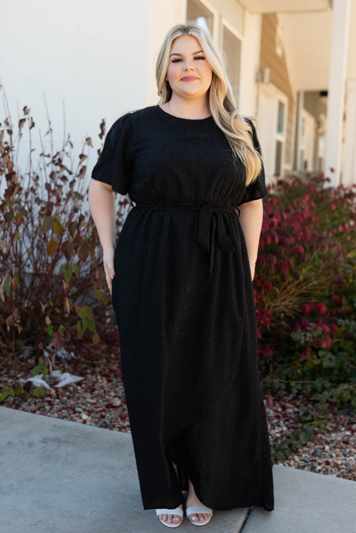 Short sleeve plus size sparkle maxi wrap dress that ties at the waist