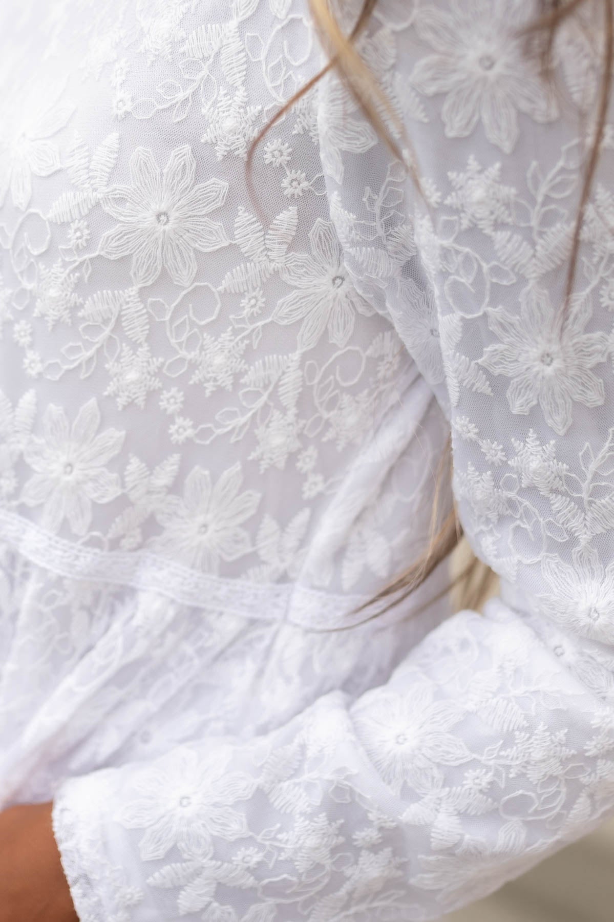 Close up of a white floral dress