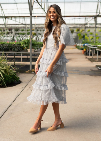 Grey blue ruffle dress with netting sleeves