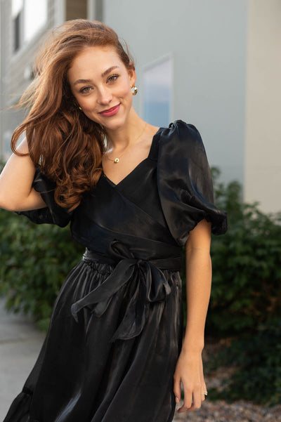Puff sleeve black dress that ties at the waist