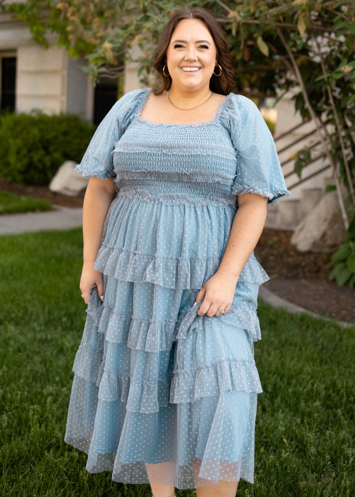 Short sleeve plus size dusty blue dress with smocked bodice