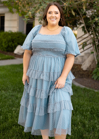 Short sleeve plus size dusty blue dress with smocked bodice