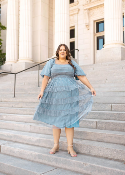 Short sleeve plus size dusty blue dress