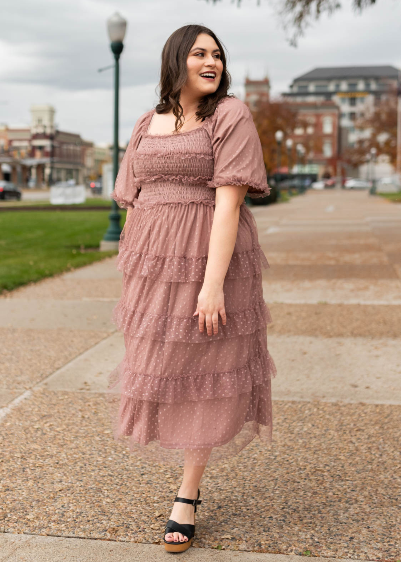 Short sleeve dusty rose dress with tulle ruffles on the skirt