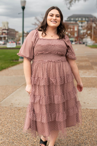 Plus size dusty rose dress with short sleeves and tulle ruffles