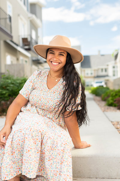 Short sleeve coral floral dress with v-neck