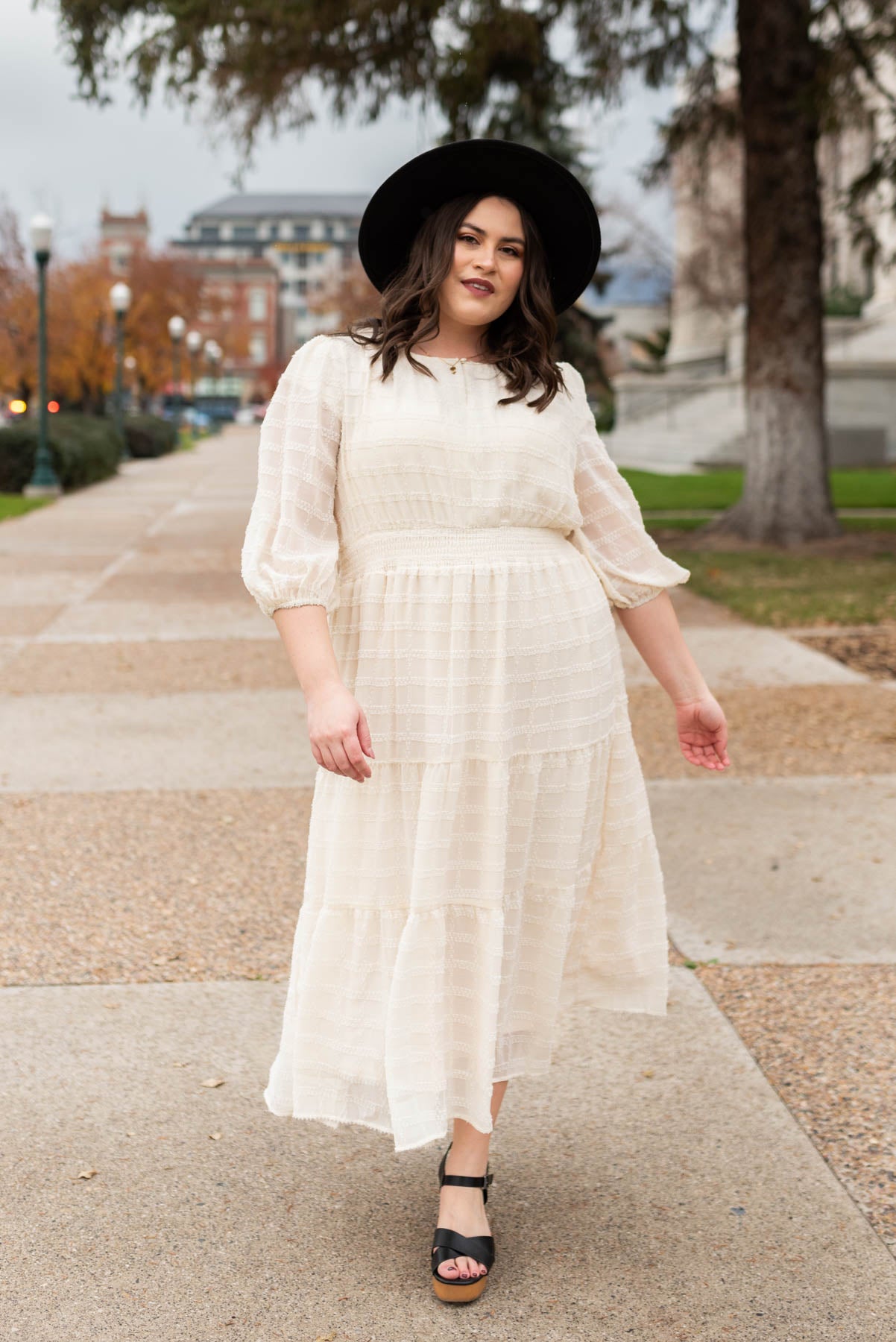 3/4 sleeve cream glitter maxi dress