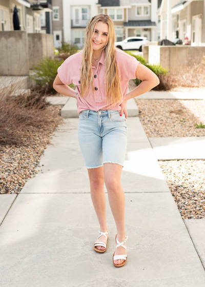Short sleeve mauve button down top