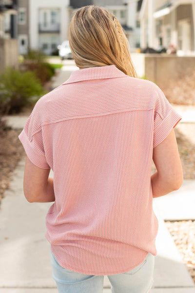 Back view of the mauve button down top