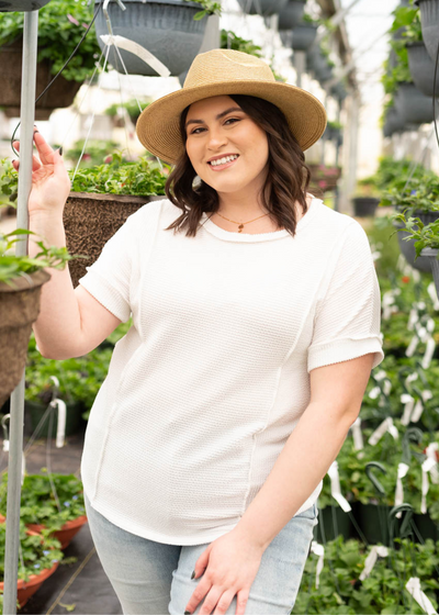 Plus size white ribbed knit top