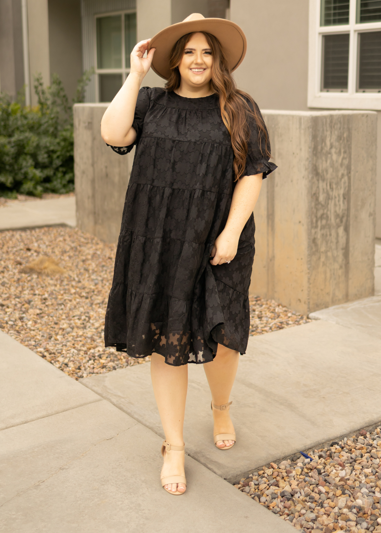 Knee length short sleeve black dress