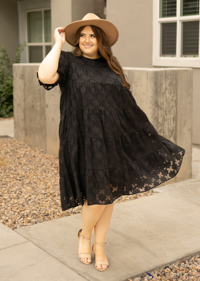 Short sleeve plus size black dress with black on black floral pattern