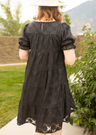 Back view of a medium black dress