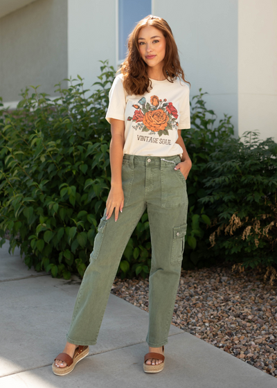 Army green jeans with side pockets