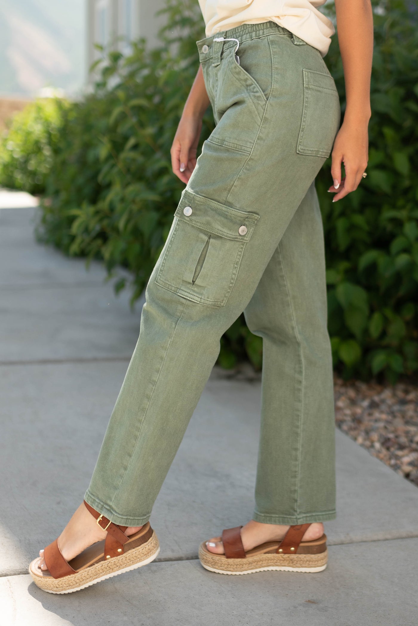 Side view of army green jeans