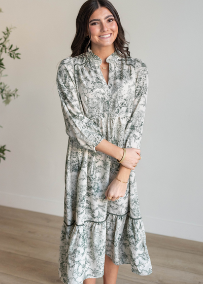 Long sleeve forest green print dress