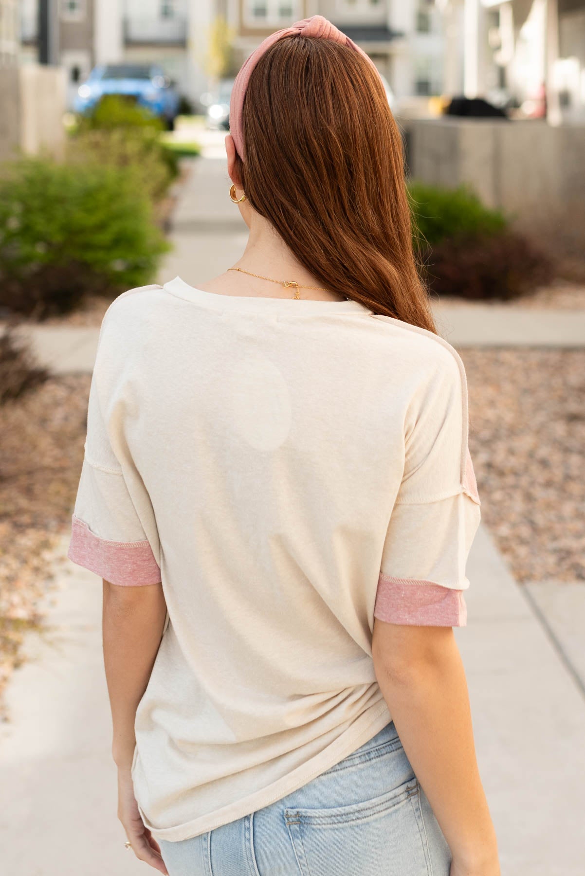 Back view of the mauve color block top