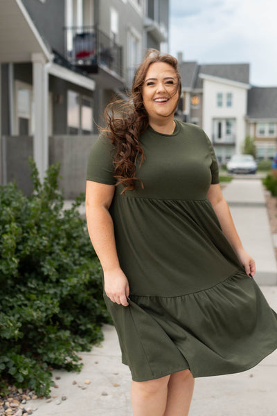 Plus size olive dress with short sleeves and round neck