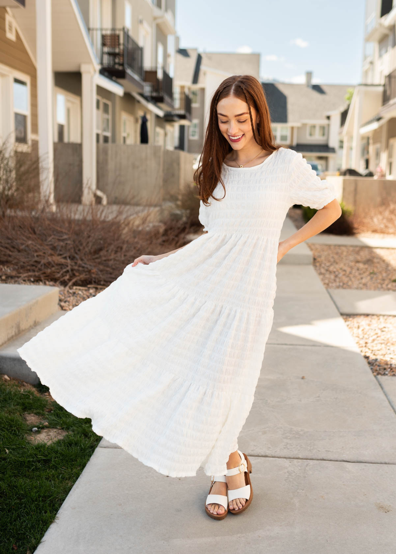 Short sleeve white textured maxi dress