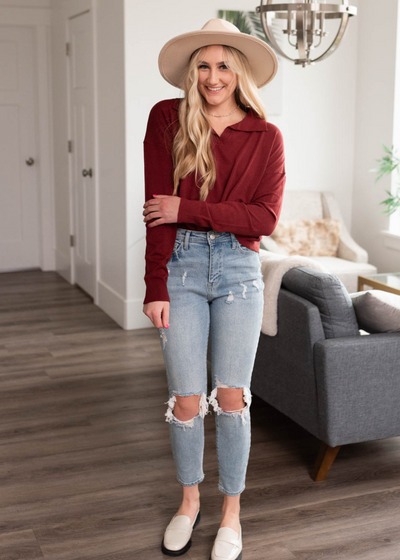long sleeve burgundy top with a collar