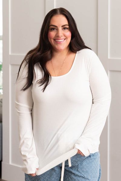 Wide neck plus size ivory ribbed long sleeve top