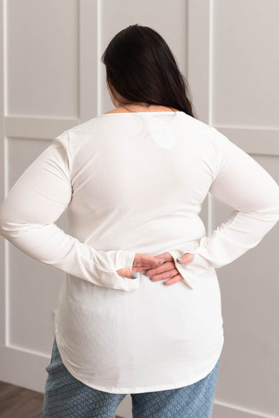 Back view of a plus size ribbed long sleeve top