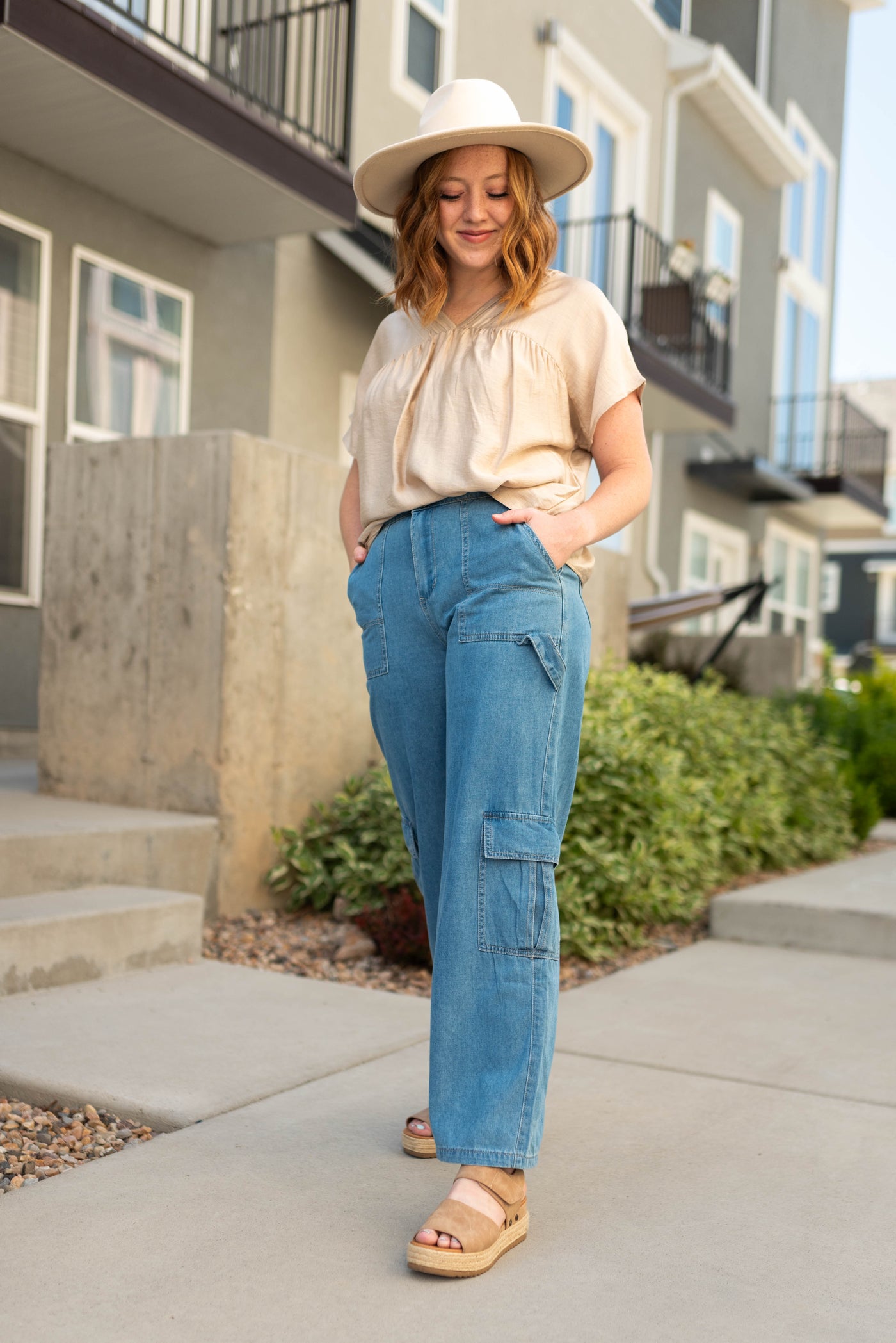 Short sleeve medium beige top with v-neck